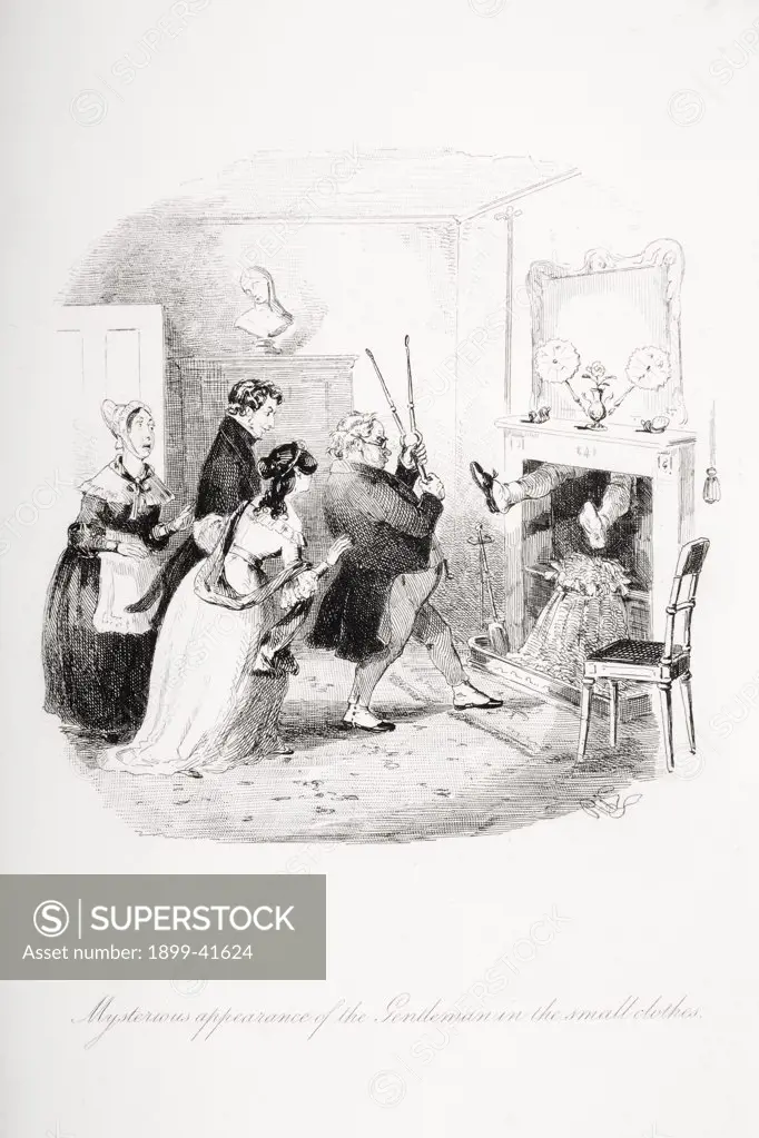 Mysterious appearance of the Gentleman in the small clothes.Illustration from the Charles Dickens novel Nicholas Nickleby by H.K. Browne known as Phiz