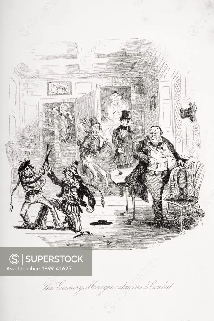 The Country Manager rehearses a Combat.Illustration from the Charles Dickens novel Nicholas Nickleby by H.K. Browne known as Phiz