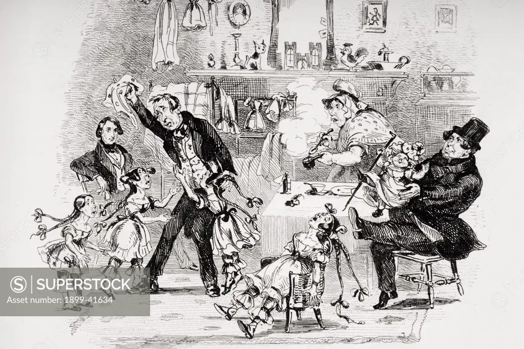 Emotion of Mr.Kenwigs on hearing the family news from Nicholas. Illustration from the Charles Dickens novel Nicholas Nickleby by H.K. Browne known as Phiz