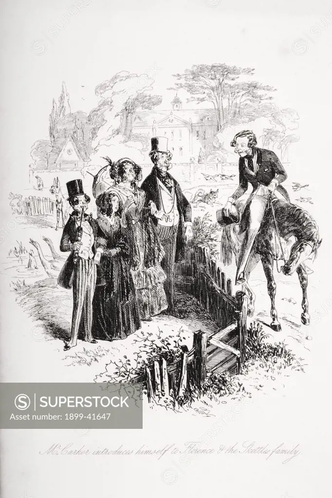 Mr Carker introduces himself to Florence and the Skettles family. Illustration from the Charles Dickens novel Dombey and Son by H.K. Browne known as Phiz
