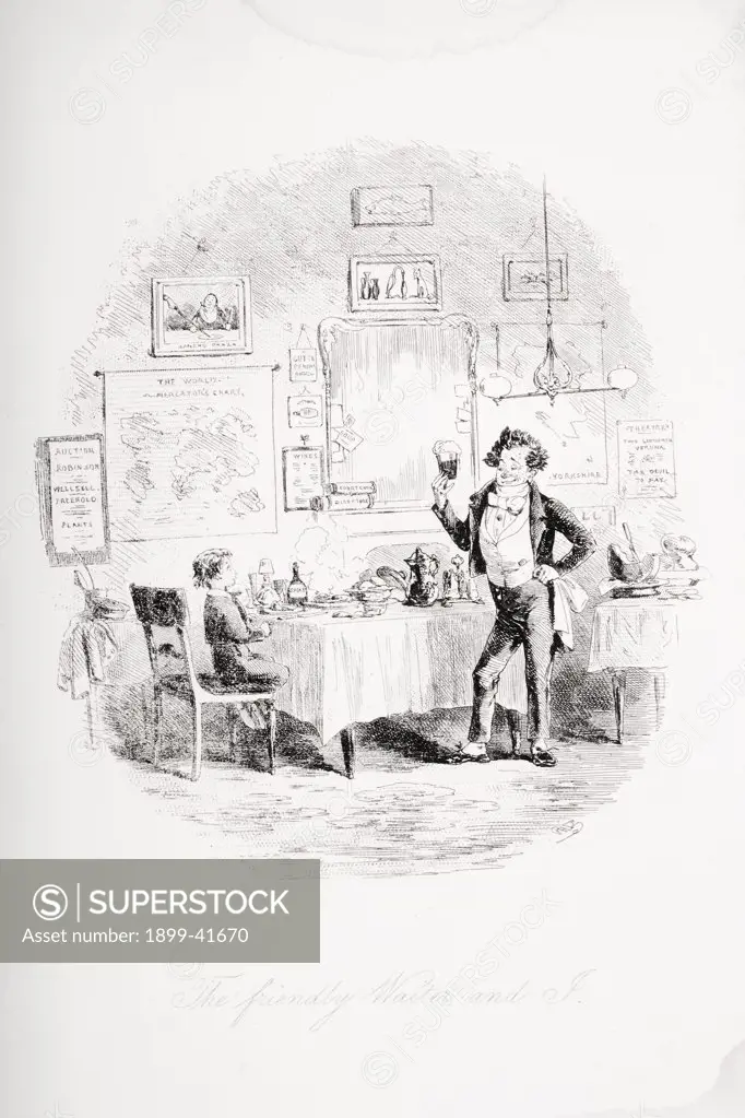 The friendly waiter and I.Illustration from the Charles Dickens novel David Copperfield by H.K. Browne known as Phiz