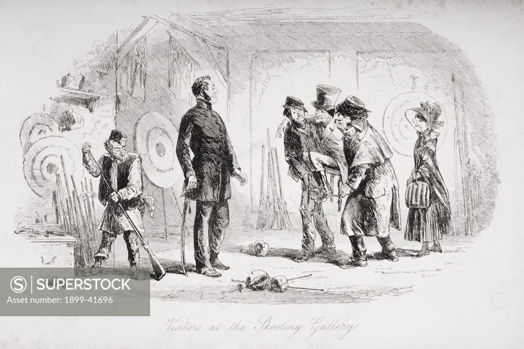 Visitors at the shooting gallery. Illustration by Phiz (Hablot Knight Browne) 1815-1882. From the book ""Bleak House"" by Charles Dickens. Published London 1853.