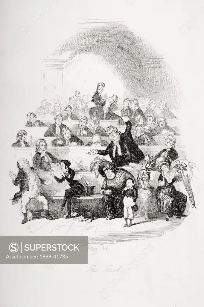 The Trial. Illustration from the Charles Dickens novel The Pickwick Papers by H.K. Browne known as Phiz