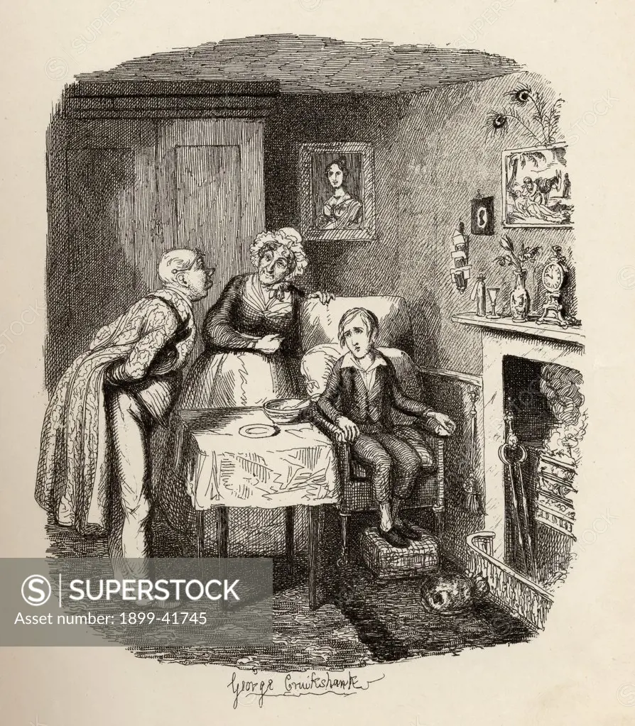 Oliver recovering from the fever. From the book ""The Adventures of Oliver Twist"" by Charles Dickens, with illustrations by G.Cruikshank. Published by Chapman and Hall, London 1901.
