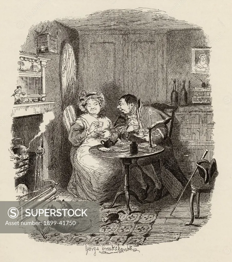 Mr.Bumble and Mrs.Corney taking tea. From the book ""The Adventures of Oliver Twist"" by Charles Dickens, with illustrations by G.Cruikshank. Published by Chapman and Hall, London 1901.