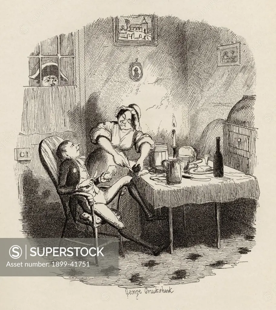 Mr.Claypole as he appeared when his master was out. From the book ""The Adventures of Oliver Twist"" by Charles Dickens, with illustrations by G.Cruikshank. Published by Chapman and Hall, London 1901.