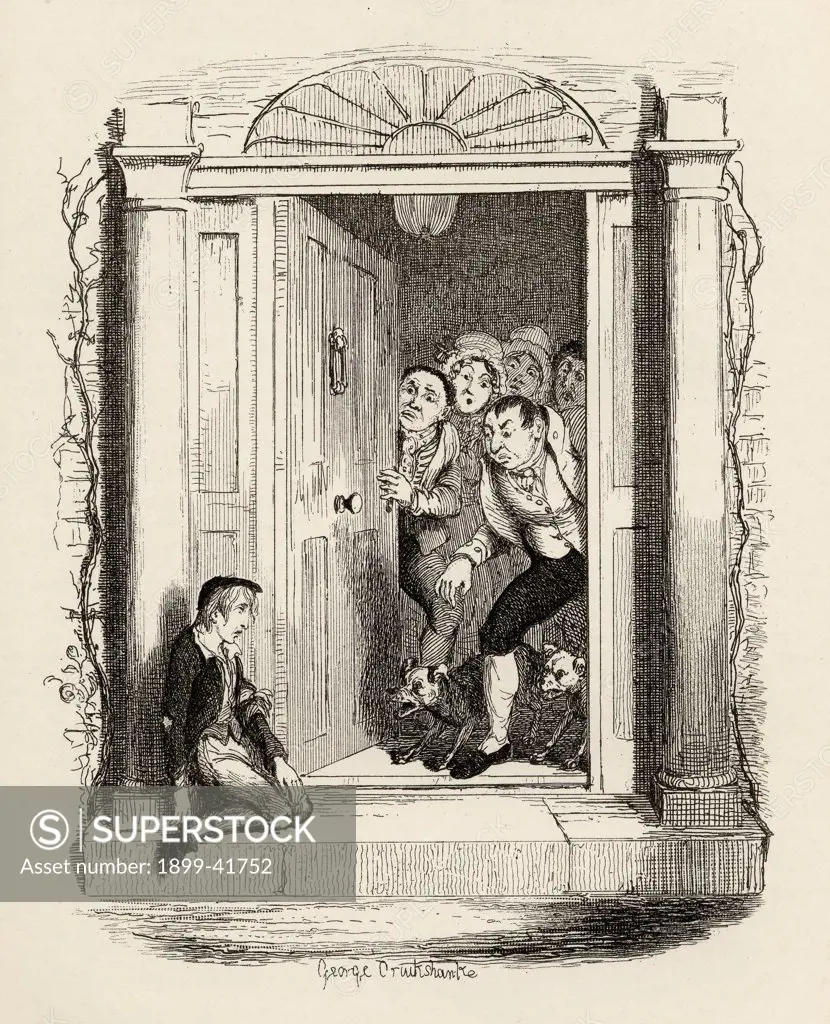 Oliver Twist at Mrs.Maylie's door. From the book ""The Adventures of Oliver Twist"" by Charles Dickens, with illustrations by G.Cruikshank. Published by Chapman and Hall, London 1901.