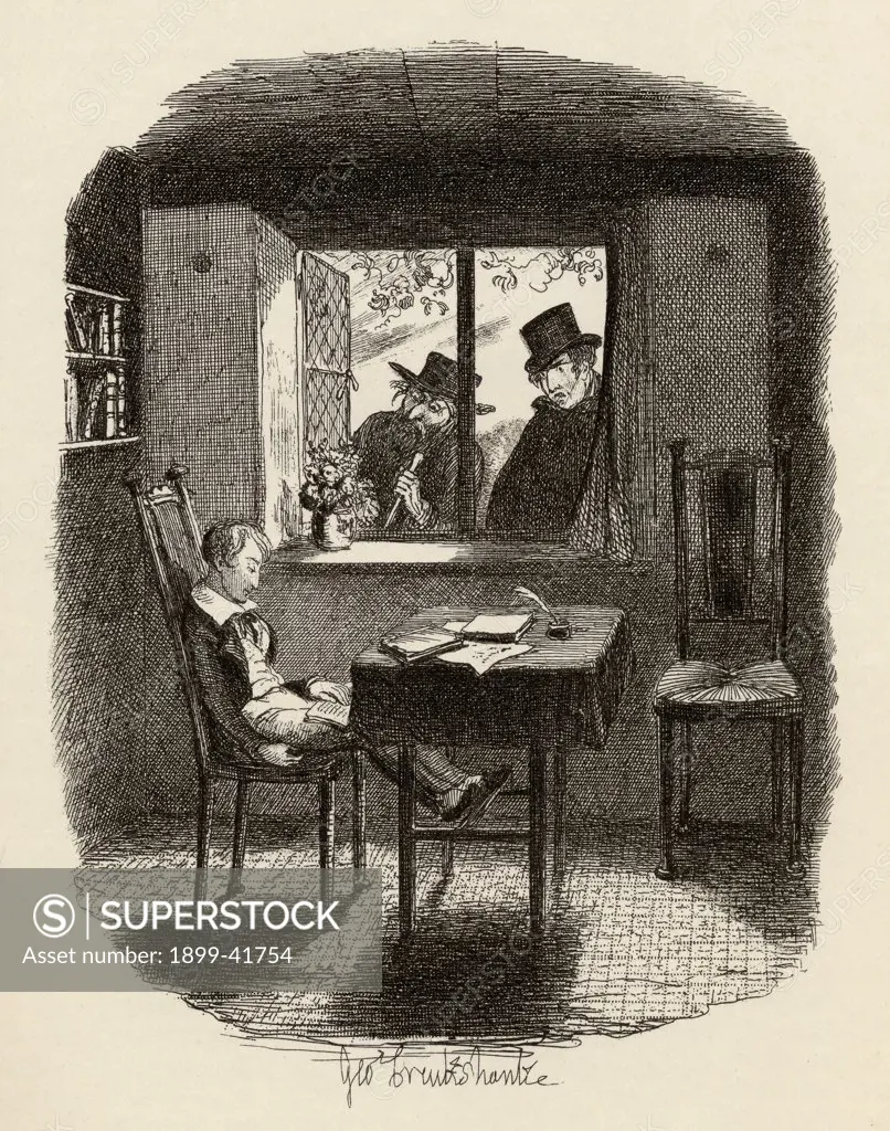 Monks and the Jew. From the book ""The Adventures of Oliver Twist"" by Charles Dickens, with illustrations by G.Cruikshank. Published by Chapman and Hall, London 1901.