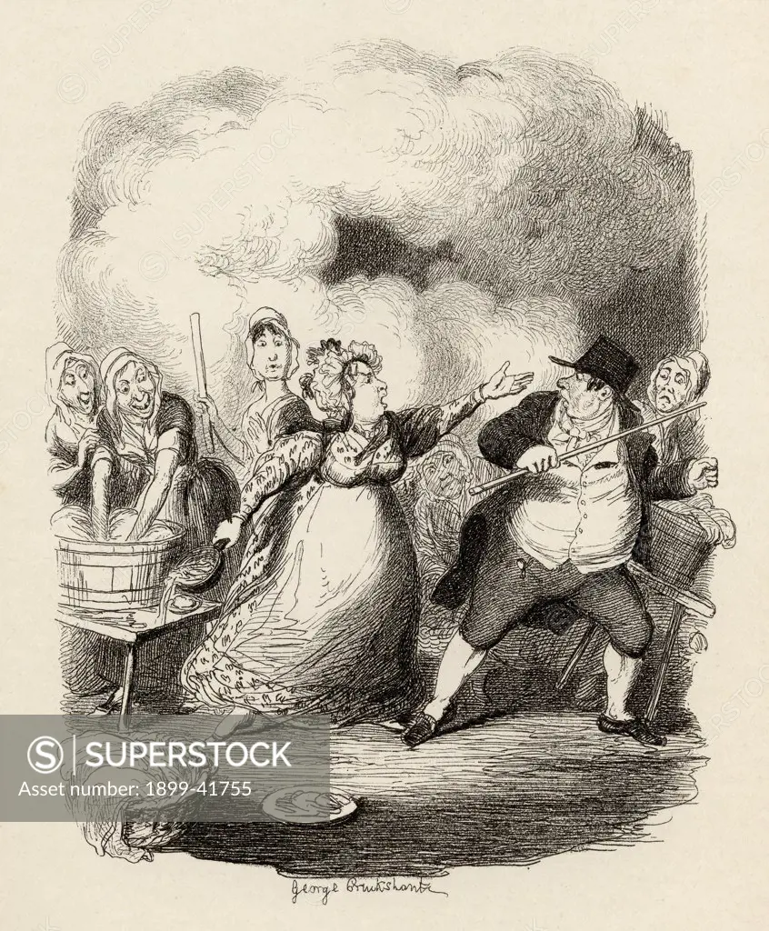 Mr.Bumble degraded in the eyes of the paupers. From the book ""The Adventures of Oliver Twist"" by Charles Dickens, with illustrations by G.Cruikshank. Published by Chapman and Hall, London 1901.