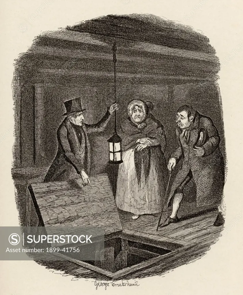 The evidence destroyed. From the book ""The Adventures of Oliver Twist"" by Charles Dickens, with illustrations by G.Cruikshank. Published by Chapman and Hall, London 1901.