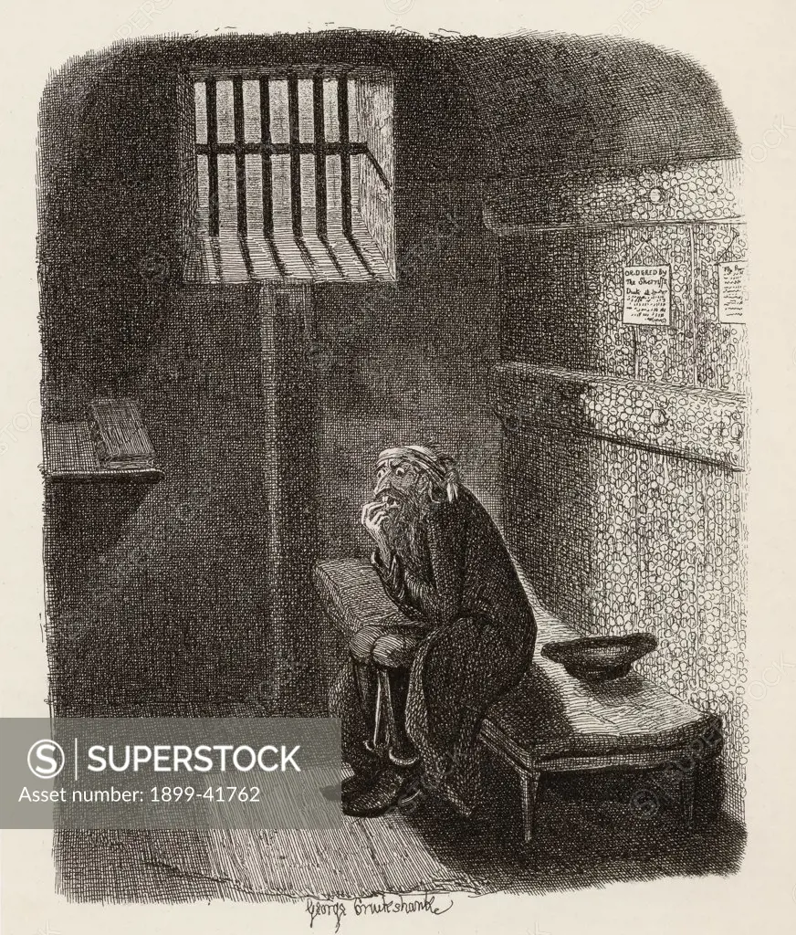 Fagin in the condemned cell. From the book ""The Adventures of Oliver Twist"" by Charles Dickens, with illustrations by G.Cruikshank. Published by Chapman and Hall, London 1901.
