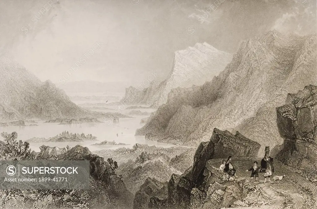 Approach to Killarney from the Kenmare Road, County Kerry, Ireland. Drawn by W.H.Bartlett, engraved by R. Brandard. From 'The Scenery and Antiquities of Ireland' by N.P.Willis and J.Stirling Coyne.Illustrated from drawings by W.H.Bartlett. Published London c.1841.