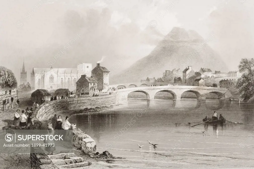 Ballina, County Mayo, Ireland.Drawn by W.H.Bartlett, engraved by H. Griffiths. From 'The Scenery and Antiquities of Ireland' by N.P.Willis and J.Stirling Coyne.Illustrated from drawings by W.H.Bartlett. Published London c.1841.
