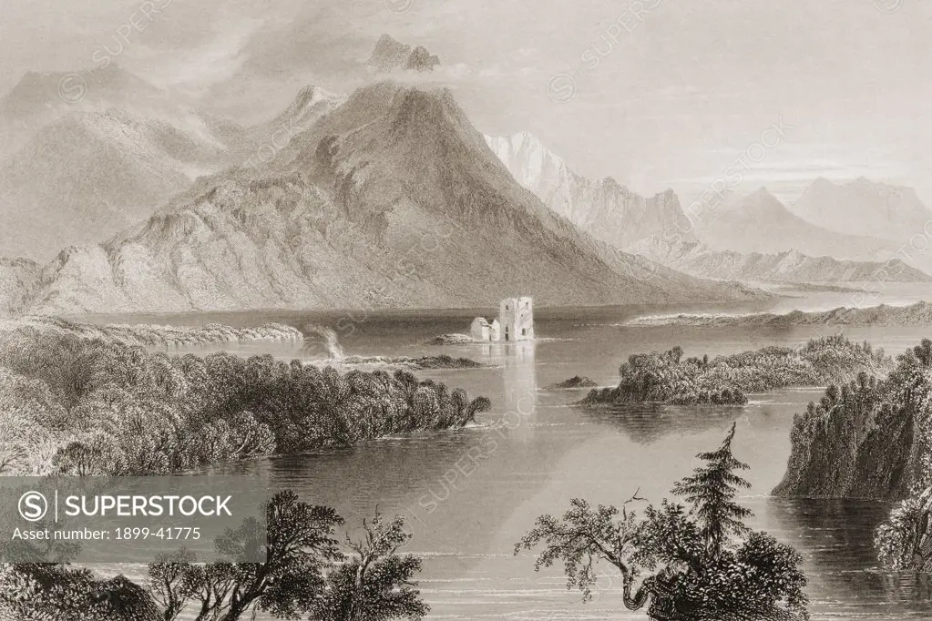 Ballynahinch, Lake Connemara,County Galway, Ireland. Drawn by W.H.Bartlett, engraved by R. Wallis. From 'The Scenery and Antiquities of Ireland' by N.P.Willis and J.Stirling Coyne.Illustrated from drawings by W.H.Bartlett. Published London c.1841.