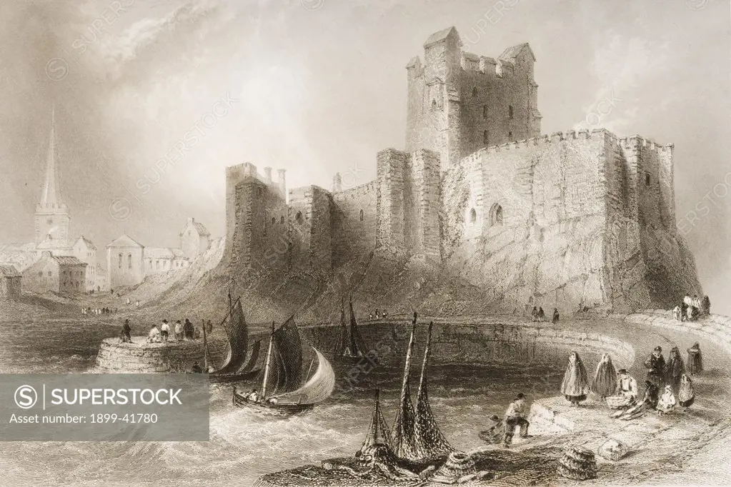 Carrickfergus Castle, County Antrim, Ireland. Drawn by W.H.Bartlett, engraved by J.C.Armytage.From 'The Scenery and Antiquities of Ireland' by N.P.Willis and J.Stirling Coyne.Illustrated from drawings by W.H.Bartlett. Published London c.1841.