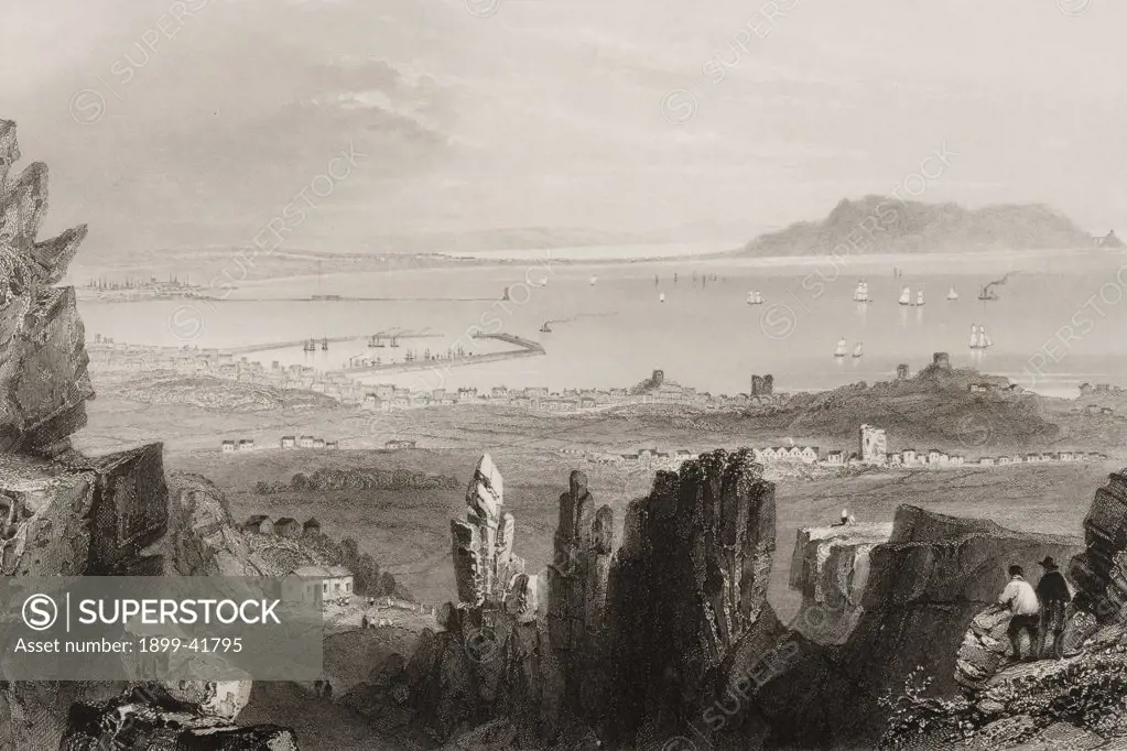 Dublin Bay, from Kingstown Quarries, Diblin, Ireland. Drawn by W.H.Bartlett, engraved by J.C.Bentley. From 'The Scenery and Antiquities of Ireland' by N.P.Willis and J.Stirling Coyne.Illustrated from drawings by W.H.Bartlett. Published London c.1841.