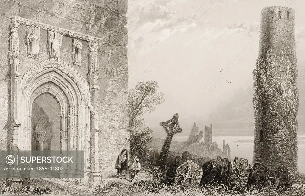 Entrance doorway to the Temple McDermot, Clonmacnoise, Ireland. Drawn by W.H.Bartlett, engraved by R. Brandard. From 'The Scenery and Antiquities of Ireland' by N.P.Willis and J.Stirling Coyne.Illustrated from drawings by W.H.Bartlett. Published London c.1841.