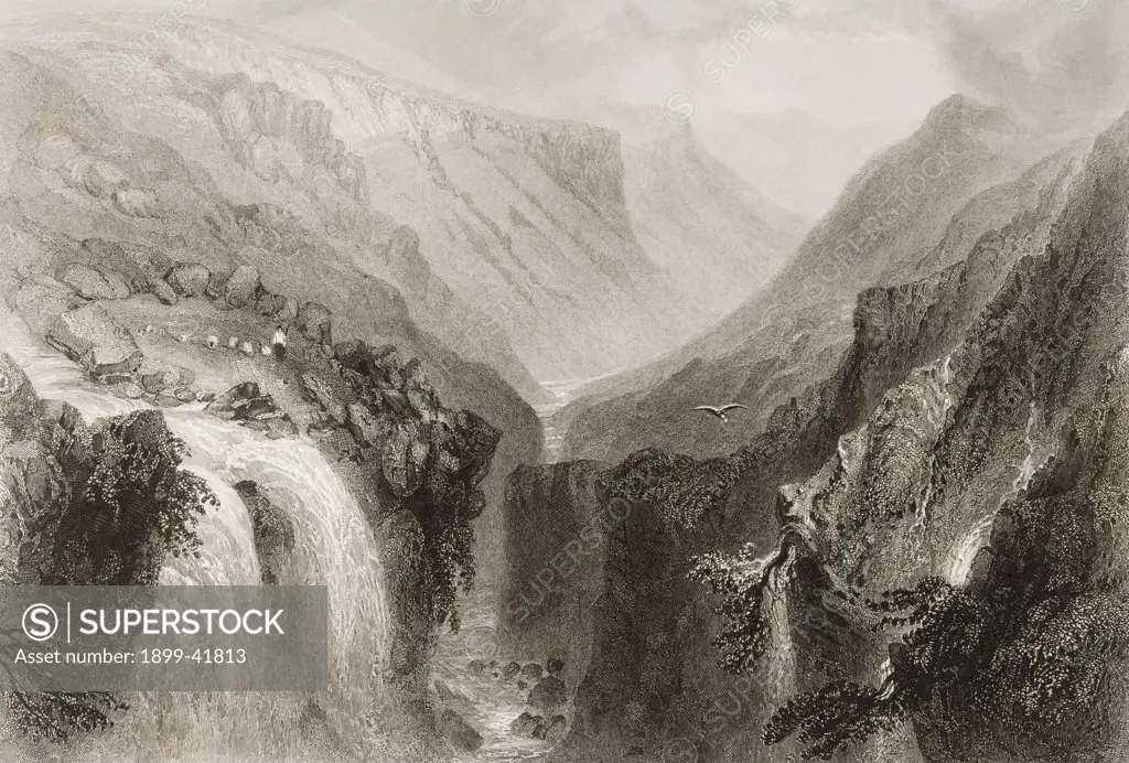 Head of Glenmalure, County Wicklow, Ireland. Drawn by W.H.Bartlett, engraved by J.C.Bentley. From 'The Scenery and Antiquities of Ireland' by N.P.Willis and J.Stirling Coyne.Illustrated from drawings by W.H.Bartlett. Published London c.1841.