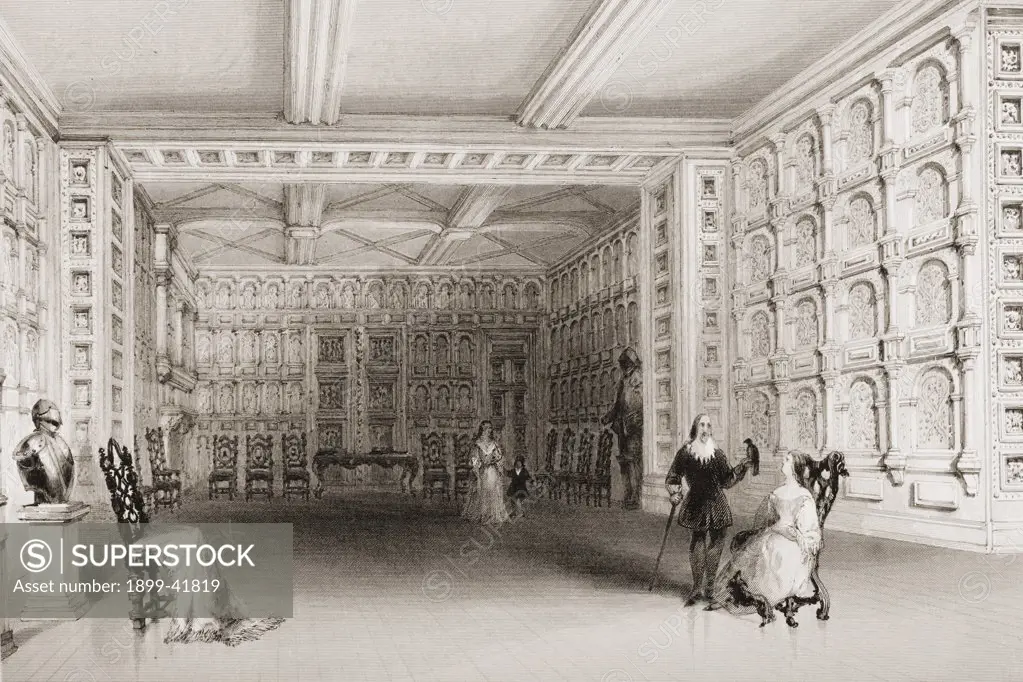 Interior of a room at Malahide Castle, County Wicklow, Ireland. Drawn by W.H.Bartlett, engraved by E. Challis. From 'The Scenery and Antiquities of Ireland' by N.P.Willis and J.Stirling Coyne.Illustrated from drawings by W.H.Bartlett. Published London c.1841.