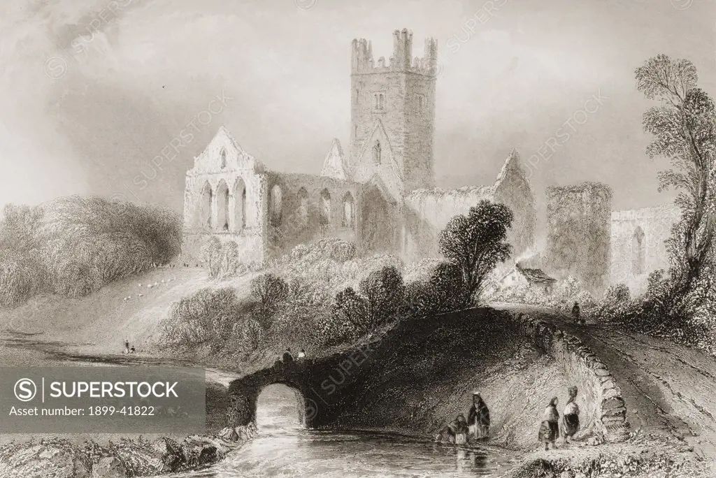 Jerpoint Abbey, Thomastown, County Kilkenny, Ireland. Drawn by W.H.Bartlett, engraved by C. Cousen. From 'The Scenery and Antiquities of Ireland' by N.P.Willis and J.Stirling Coyne.Illustrated from drawings by W.H.Bartlett. Published London c.1841.