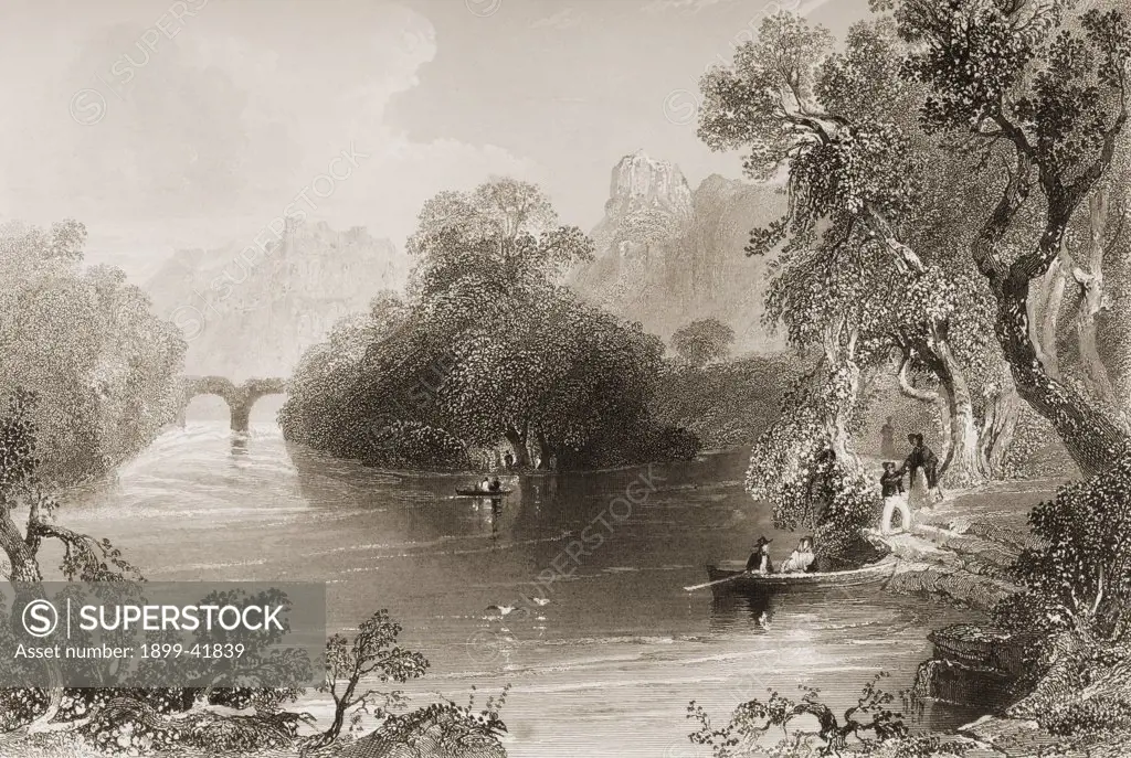 Old Weir Bridge, Killarney, County Kerry, Ireland. Drawn by W.H.Bartlett, engraved by G.K.Richardson. From 'The Scenery and Antiquities of Ireland' by N.P.Willis and J.Stirling Coyne.Illustrated from drawings by W.H.Bartlett. Published London c.1841.