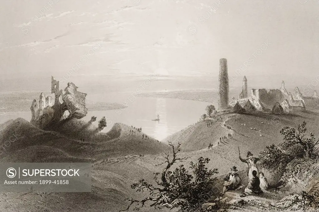 Seven Churches of Clonmacnoise,Ireland. Drawn by W.H.Bartlett, engraved by R. Brandard. From 'The Scenery and Antiquities of Ireland' by N.P.Willis and J.Stirling Coyne.Illustrated from drawings by W.H.Bartlett. Published London c.1841.
