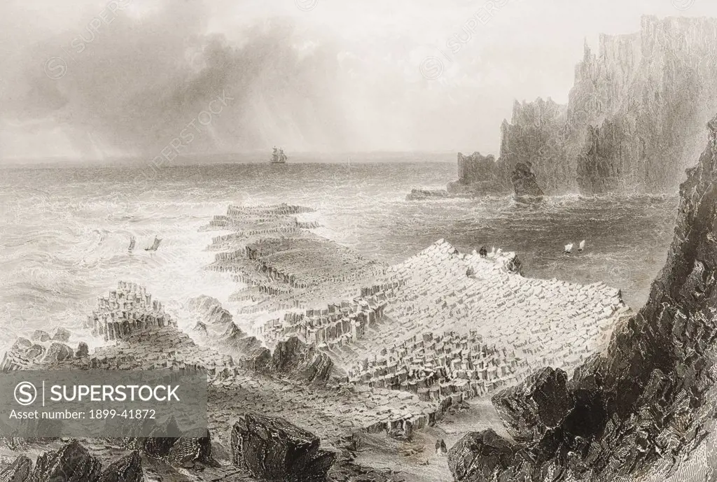 The Giant's Causeway from above,County Antrim, Ireland.Drawn by W.H.Bartlett, engraved by S. Bradshaw. From 'The Scenery and Antiquities of Ireland' by N.P.Willis and J.Stirling Coyne.Illustrated from drawings by W.H.Bartlett. Published London c.1841.