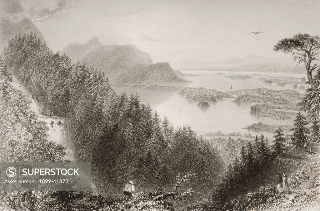 The Lower and Turk Lakes,from Turk waterfall, Killarney, County Kerry, Ireland. Drawn by W.H.Bartlett, engraved by J.B.Allen. From 'The Scenery and Antiquities of Ireland' by N.P.Willis and J.Stirling Coyne.Illustrated from drawings by W.H.Bartlett. Published London c.1841.