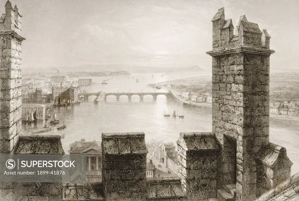 The Shannon from the tower of Limerick Cathedral, Ireland. Drawn by W.H.Bartlett, engraved by T. Higham. From 'The Scenery and Antiquities of Ireland' by N.P.Willis and J.Stirling Coyne.Illustrated from drawings by W.H.Bartlett. Published London c.1841.