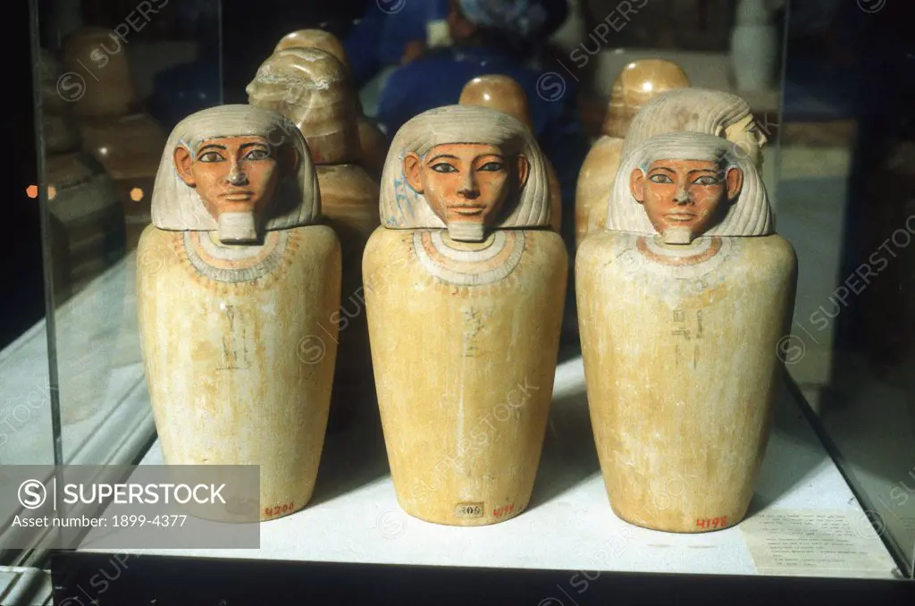 Canopic Jars: These were used to contain viscera of dead person, usually for burial with their mummified body. 26th Dynasty 664-525 BC.
