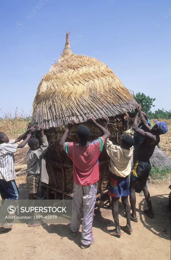 AGRICULTURE, BURKINA FASO. Silmiougou Village. Maize, sorghum and millet are stored in special huts in the village. Grain storage. . 