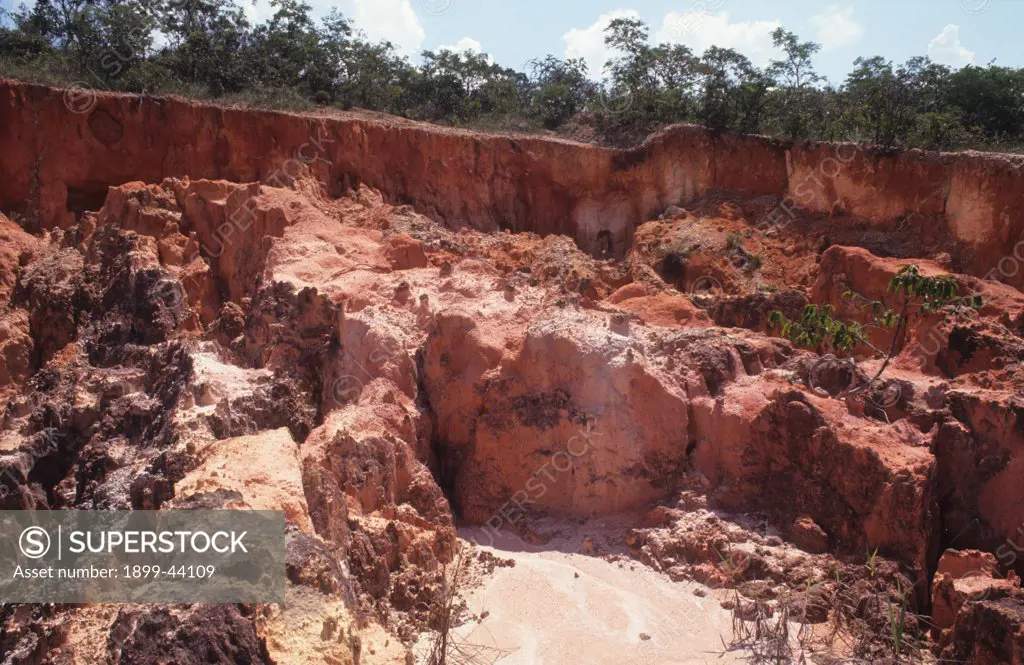 EROSION, BRAZIL. When the forest is destroyed the top soil rapidly deteriorates. Thousands of tons of soil are washed away from deforested areas. . 