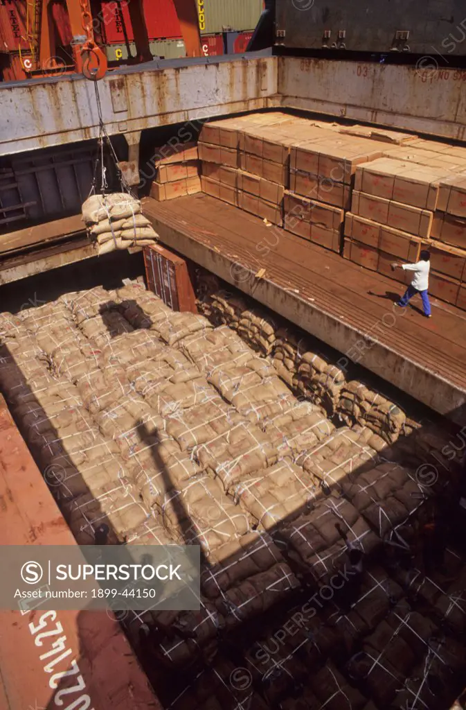 BRAZIL NUTS, BRAZIL. Belem docks. Sacks of Brazil nuts being loaded onto a ship for export to Europe and North America. . Millions of dollars worth of Brazil nuts are exported each year but deforestation is destroying many of the trees. 