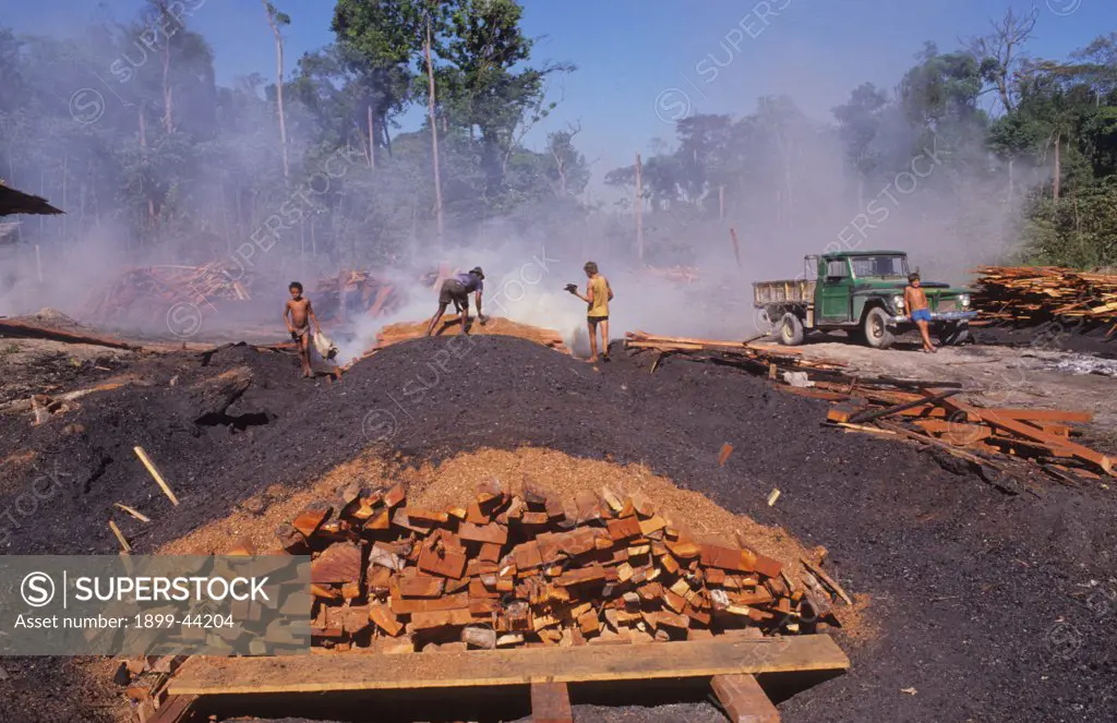 CHARCOAL PRODUCTION, BRAZIL. Amazon, Paragominas. Mahogany offcuts being placed in an earth kiln. Charcoal is also produced by sawmillS using mahogany offcuts. . Children work 12 hour shifts about 2 dollars and 50 cents a week. The charcoal is used to smelt iron ore. 
