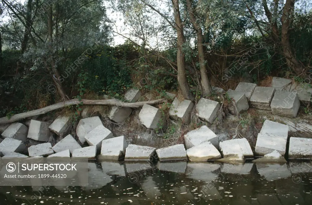 ITALY. River Po, Casale Monferrato Alessandria. . In an attempt to prevent flooding, the Magistrato per il Po - the Italian river authority - spends about 100 million pounds a year on concrete blocks turning the river into a canal. 