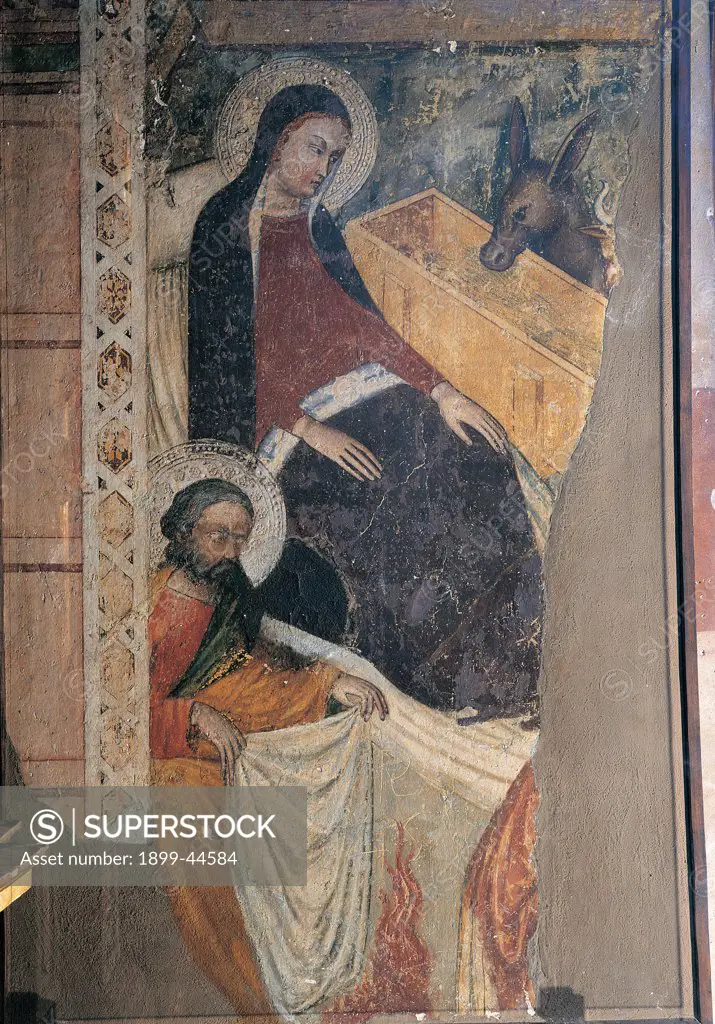 Nativity, by Unknown artist, 14th Century, fresco transferred to canvas. Italy: Lombardy: Cremona: San Michele church. Whole artwork. Nativity Mary Virgin St Joseph manger donkey/ass blue red yellow fire flames