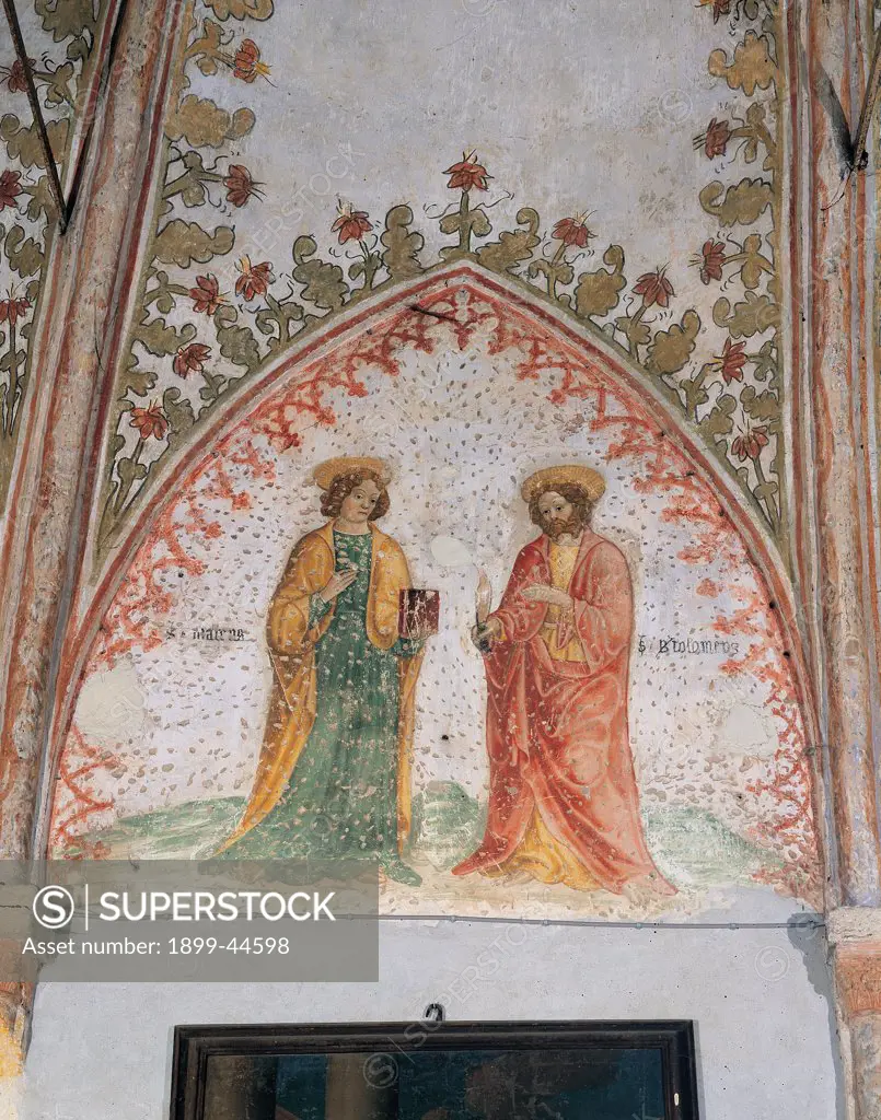 Saints, by Unknown artist, 15th Century, fresco. Italy: Lombardy: Cremona: Santa Maria Maddalena church. Detail of the apsidal conch Saints yellow red green white halo/aureole