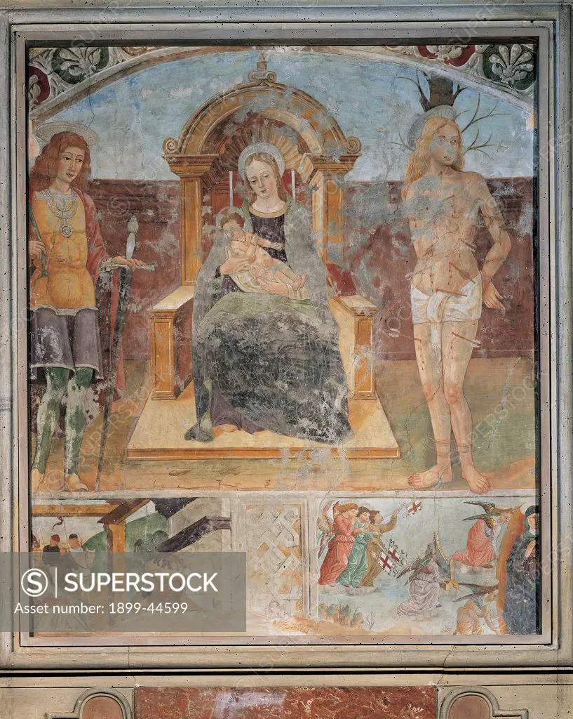 Madonna and Child with St Sebastian, by Unknown artist, 15th Century, fresco. Italy: Lombardy: Cremona: Sant'Agostino church. Whole artwork. Madonna Infant Jesus/Christ Child/Baby Jesus/Child Jesus St Sebastian throne arrow sword