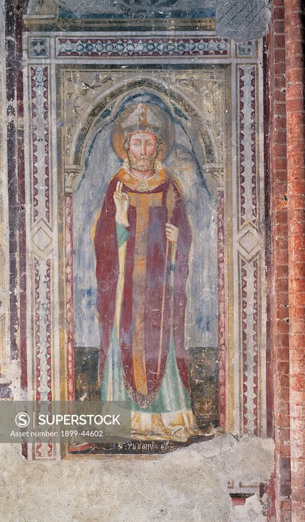 St Hilarius, by San Francesco Workshop, 14th Century, fresco. Italy: Veneto: Treviso: San Francesco church. Whole artwork. St Hilarius miter pastoral staff/crosier yellow green burgundy