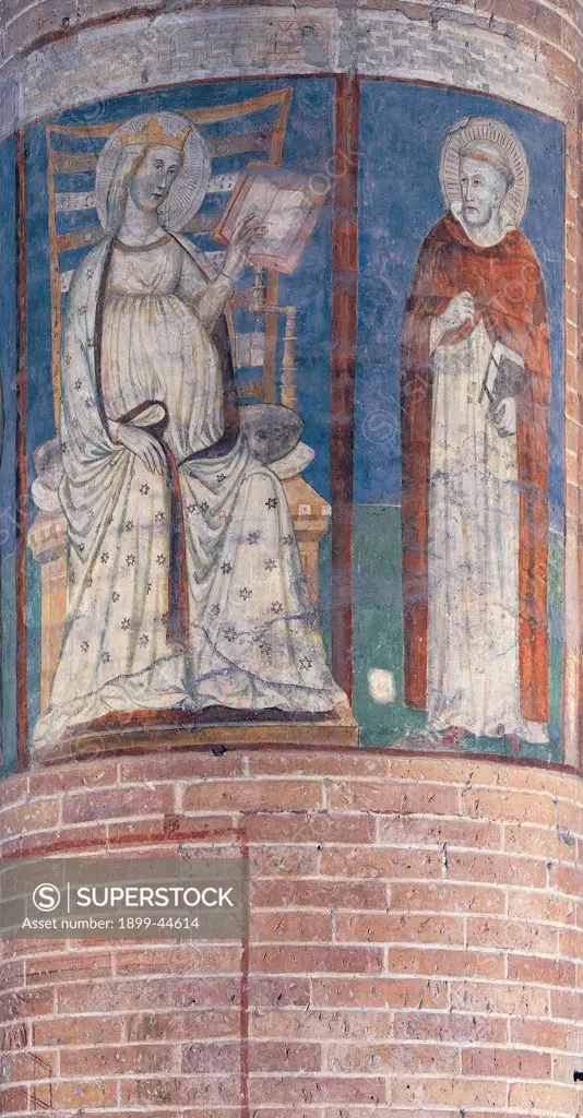Madonna with Sts Dominic and Francis, by Veneto or Lombard Artist, 14th Century, fresco. Italy: Veneto: Treviso: San Nicolo Church. Detail. Madonna St Dominic column throne brown tunic/habit book