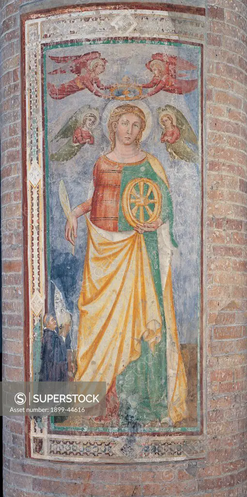 St Catherine with a Donor, by Master of Sant'Agostino in Vicenza, San Francesco Workshop, 14th Century, fresco. Italy: Veneto: Treviso: San Nicolo Church. Whole artwork. Column St Catherine with donor wheel green yellow red mantle/cloak cloth/dress palm martyrdom