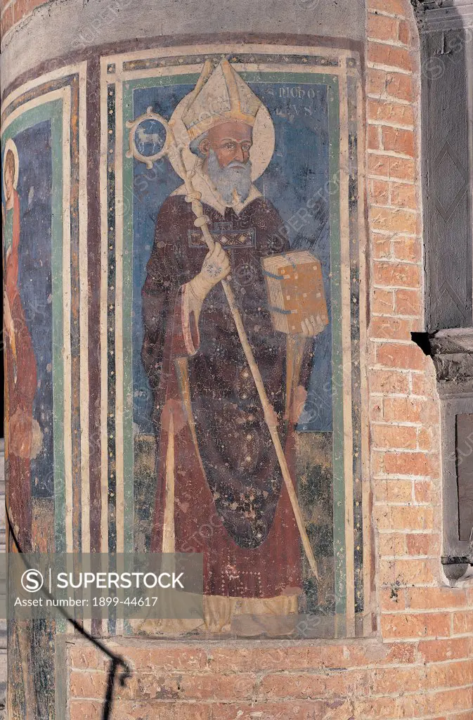 St Nicholas, by Master of the St Christopher in the San Martino church, 14th Century, fresco. Italy: Veneto: Treviso: San Nicolo church. Whole artwork. St Nicholas blue red pastoral/crosier staff yellow gold book miter
