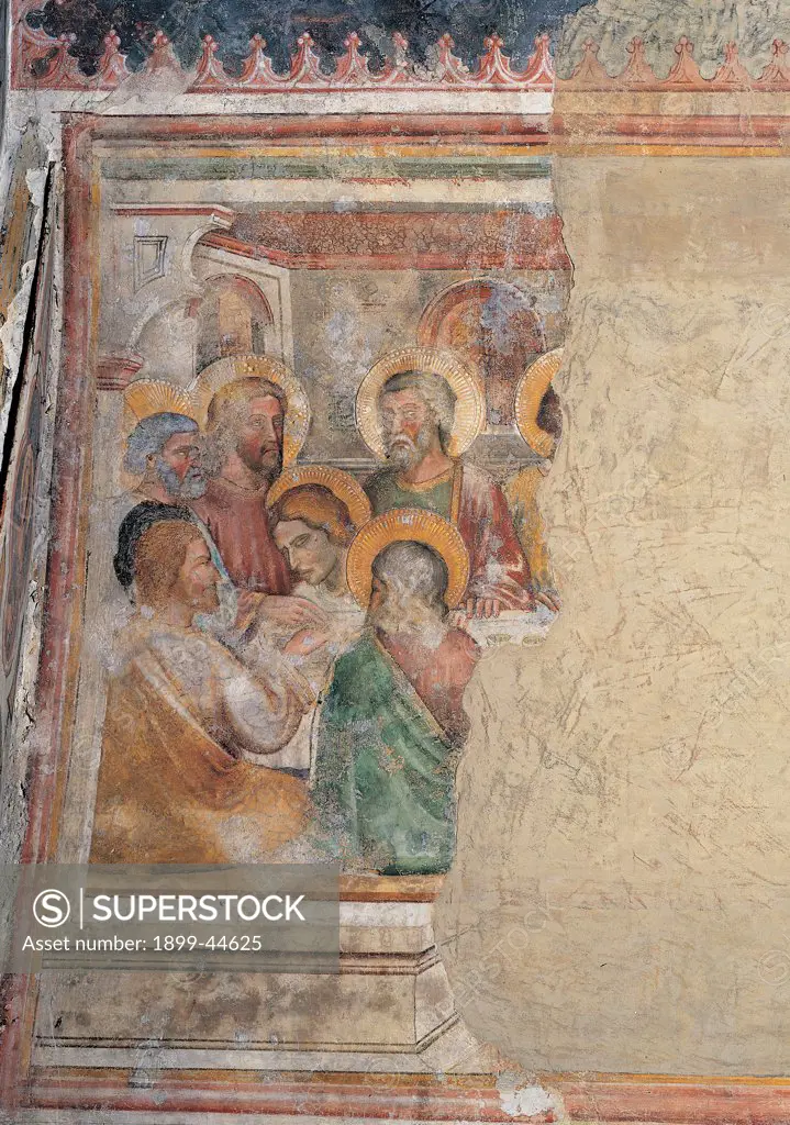 The Passion of the Christ, by Master of the Forzate chapel in Padua, 14th Century, fresco. Italy: Veneto: Treviso: Santa Lucia church. Detail with the Last Supper aureole/halo yellow red green