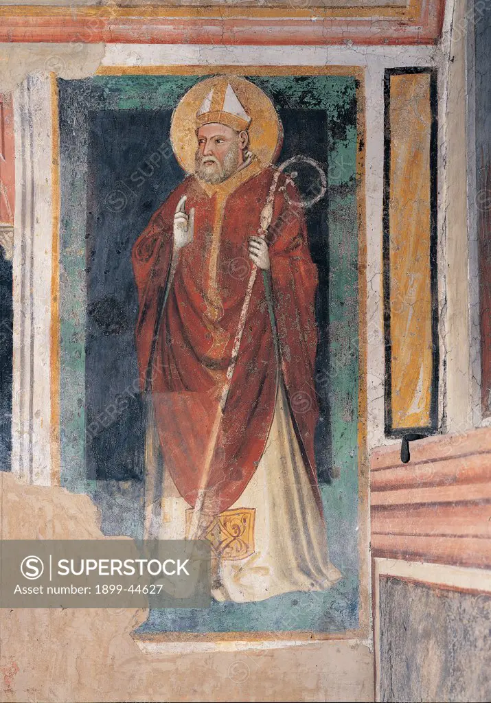 Holy Bishop, by Veneto Artist, 1385, 14th Century, fresco. Italy: Veneto: Treviso: Santa Lucia church. Whole artwork. Holy Bishop miter halo/aureole pastoral staff/crosier red white yellow gold