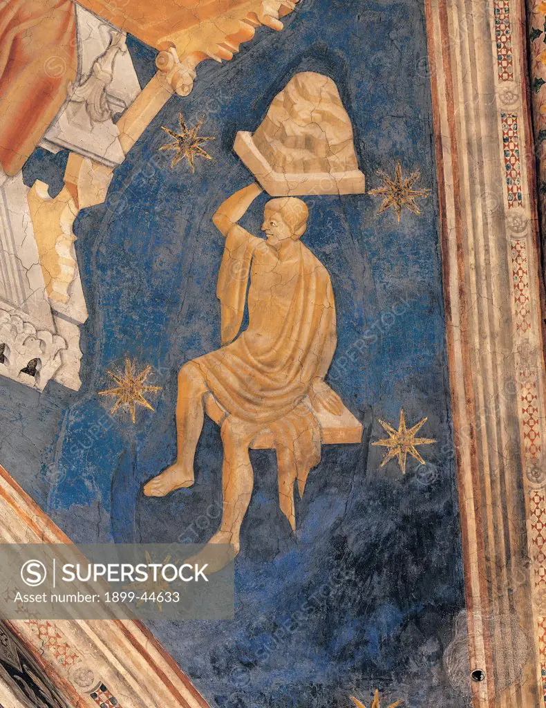 Evangelists, by Master of the Four Elements, 14th Century, fresco. Italy: Lombardy: Lodi: San Francesco church. Detail. Allegory earth blue gold stars