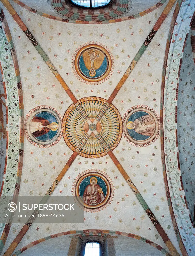 The Doctors of the Church, by Master of San Bassiano, 14th Century, fresco. Italy: Lombardy: Lodi: San Bassiano Basilica. Whole artwork. The Doctors of the Church circle stars half-length figure
