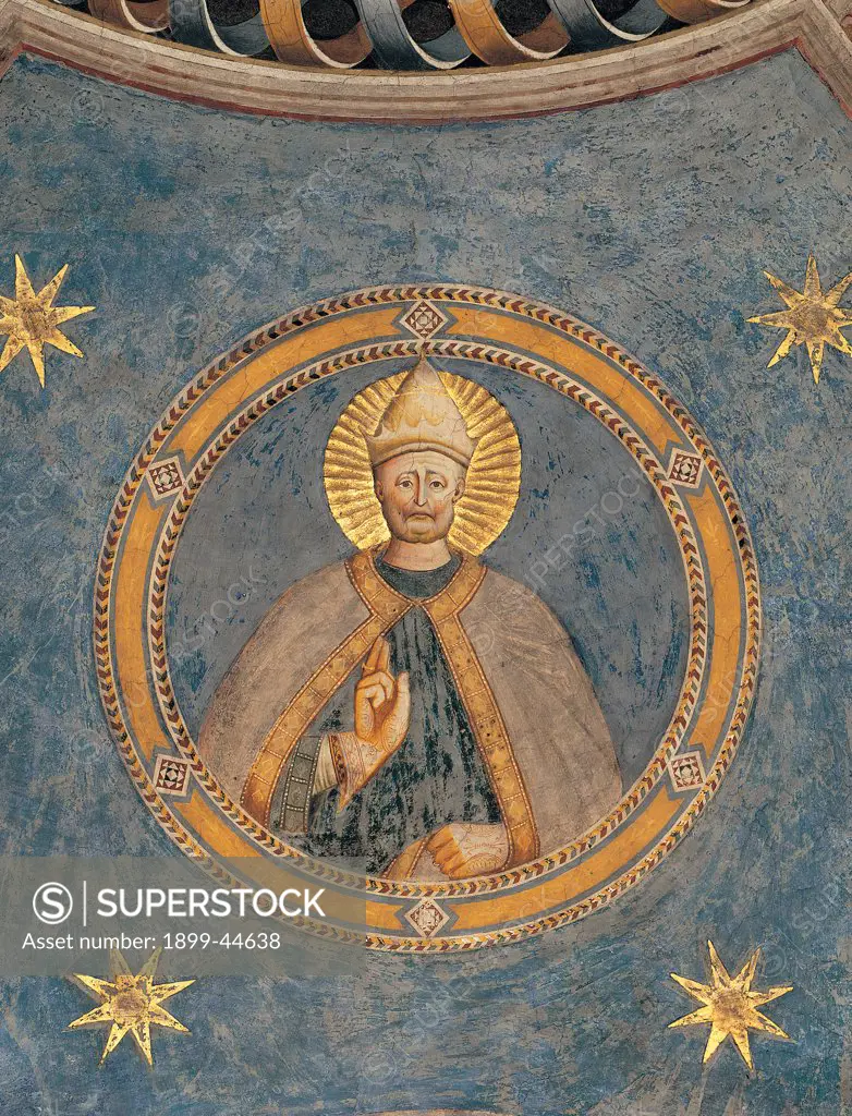 The Doctors of the Church, by Master of the Four Elements, 14th Century, fresco. Italy: Lombardy: Lodi: San Francesco church. Detail. St Gregory circle stars gold blue mantle/cloak aureole/halo miter