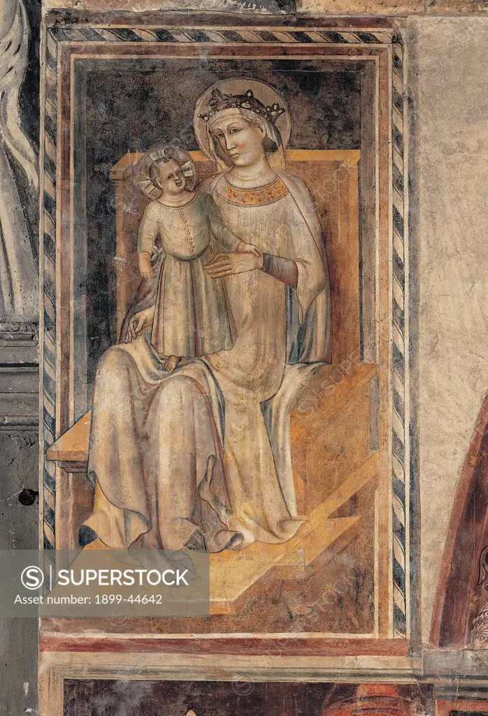 Madonna and Child Enthroned, by Master of the Fissiraga Tomb, 14th Century, fresco. Italy: Lombardy: Lodi: San Francesco church. Whole artwork. Monochrome painting Madonna and Child Enthroned brown frame/cornice crown