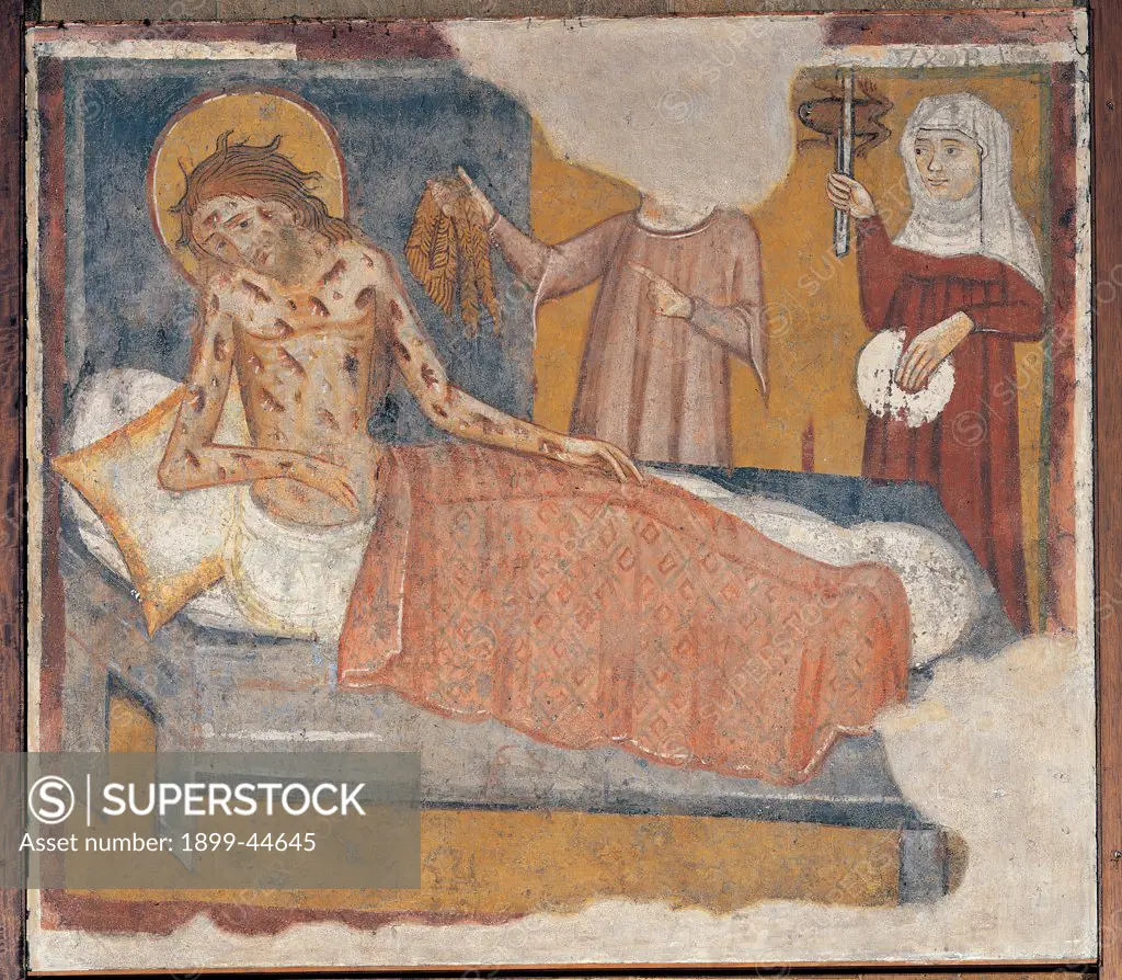 Wounded Saint, by Unknown artist, 14th Century, detached fresco. Italy: Lombardy: Lodi: Vergine Assunta Basilica Cathedral: Duomo. Whole artwork. Wounded saint bed blanket sheet sore halo/aureole pillow red brown ocher blue