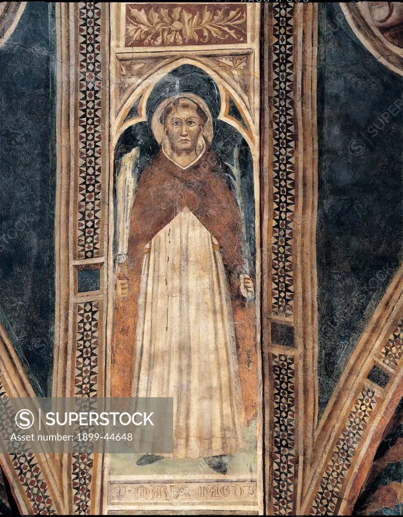St Peter Martyr, by Unknown artist, 14th Century, fresco. Italy: Lombardy: Lodi: San Francesco church. Whole artwork. St Peter martyr red mantle/cloak palm